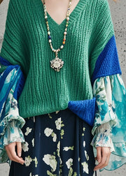 Boho Tea Green V Neck Patchwork Print Sweater Tops Fall