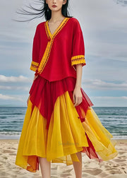 Boho V Neck Asymmetrical Design Patchwork Chiffon Dresses Summer