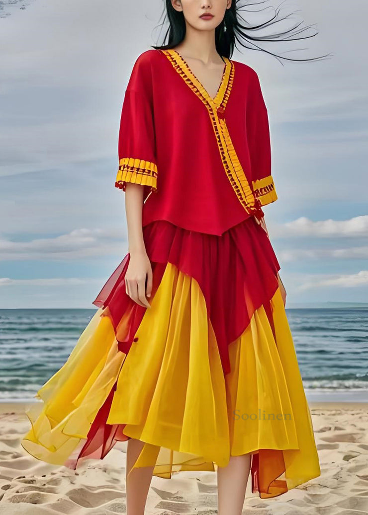 Boho V Neck Asymmetrical Design Patchwork Chiffon Dresses Summer