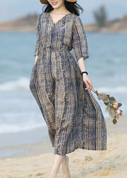 Boho V Neck Striped Print Patchwork Ramie Long Dress Summer