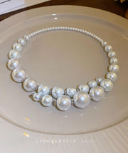 Boho White Alloy Asymmetry Pearl Collar Necklace