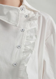 Boho White Asymmetrical Design Ruffled Cotton Blouse Top Fall