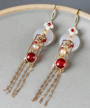 Boho White Copper Jade Agate Pearl Tassel Drop Earrings