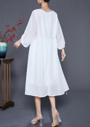 Boho White Embroidered Oversized Cotton Dress Lantern Sleeve