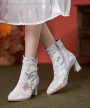 Boho White Embroidery Nail Bead Chunky Heel Boots