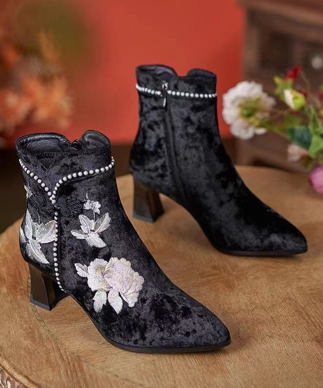Boho White Embroidery Nail Bead Chunky Heel Boots