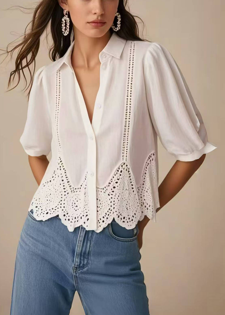 Boho White Hollow Out Silm Fit Shirts Summer