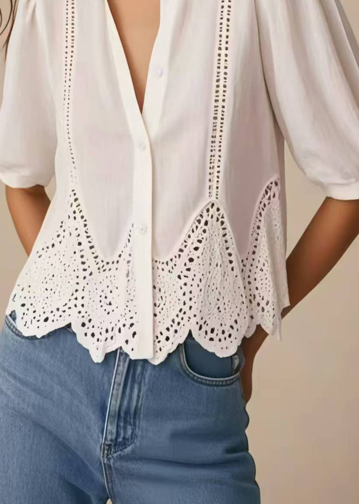 Boho White Hollow Out Silm Fit Shirts Summer