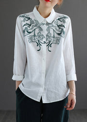 Boho White Peter Pan Collar Embroideried Shirt Long Sleeve