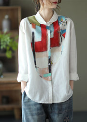 Boho White Peter Pan Collar Print Linen Shirt Top Long Sleeve