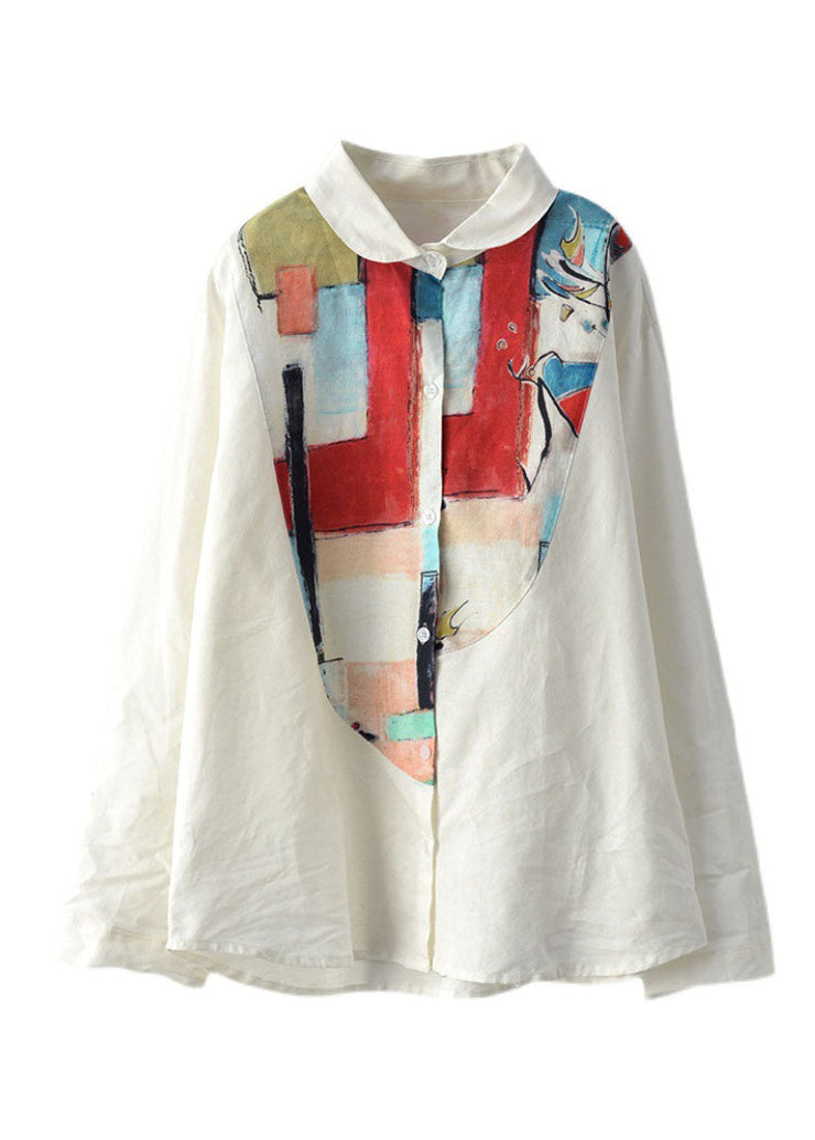 Boho White Peter Pan Collar Print Linen Shirt Top Long Sleeve