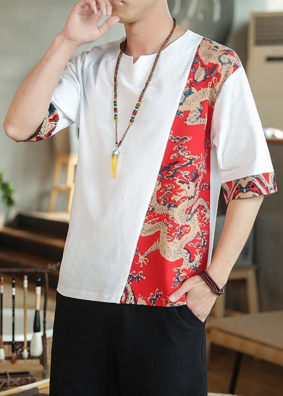 Boho White Print Patchwork Cotton Oversized T Shirt Men Summer