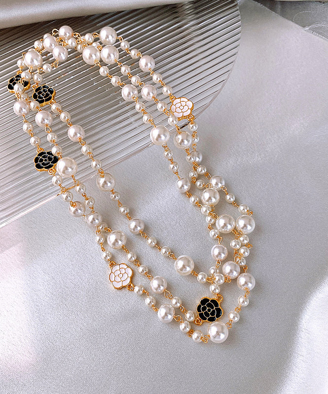 Boho White Sterling Silver Alloy Pearl Camellia Gratuated Bead Necklace
