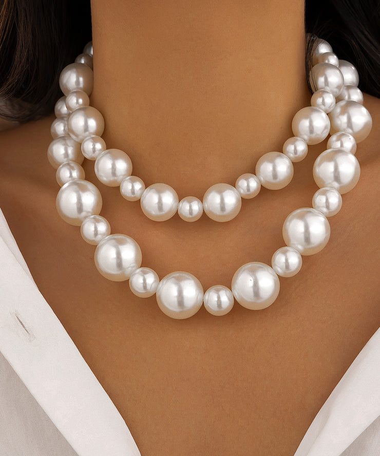 Boho White Sterling Silver Alloy Pearl Gratuated Bead Necklace Two-Piece Set