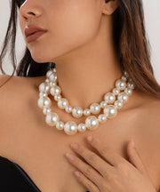 Boho White Sterling Silver Alloy Pearl Gratuated Bead Necklace Two-Piece Set