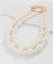 Boho White Sterling Silver Alloy Pearl Gratuated Bead Necklace Two-Piece Set