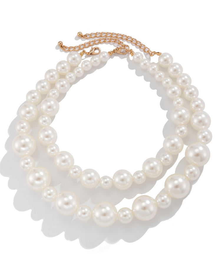 Boho White Sterling Silver Alloy Pearl Gratuated Bead Necklace Two-Piece Set