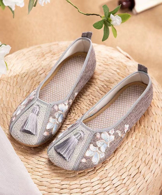 Boho White Tassel Embroidery Linen Fabric Flat Feet Shoes