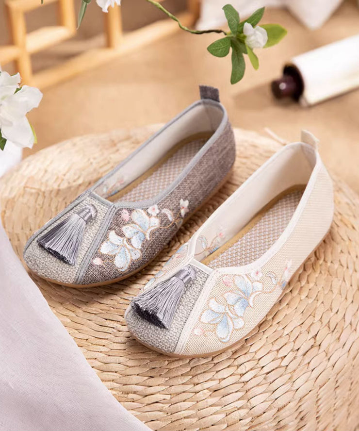 Boho White Tassel Embroidery Linen Fabric Flat Feet Shoes