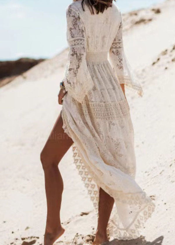 Boho White Tasseled Hollow Out Lace Dresses Summer