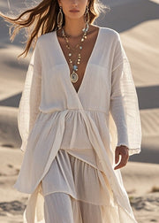 Boho White V Neck Asymmetrical Design Cotton Dress Fall