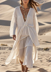 Boho White V Neck Asymmetrical Design Cotton Dress Fall