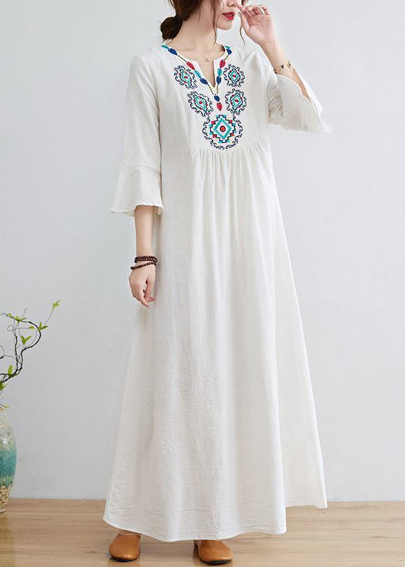 Boho White V Neck Embroideried Cotton A Line Dress Bracelet Sleeve