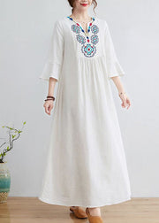 Boho White V Neck Embroideried Cotton A Line Dress Bracelet Sleeve