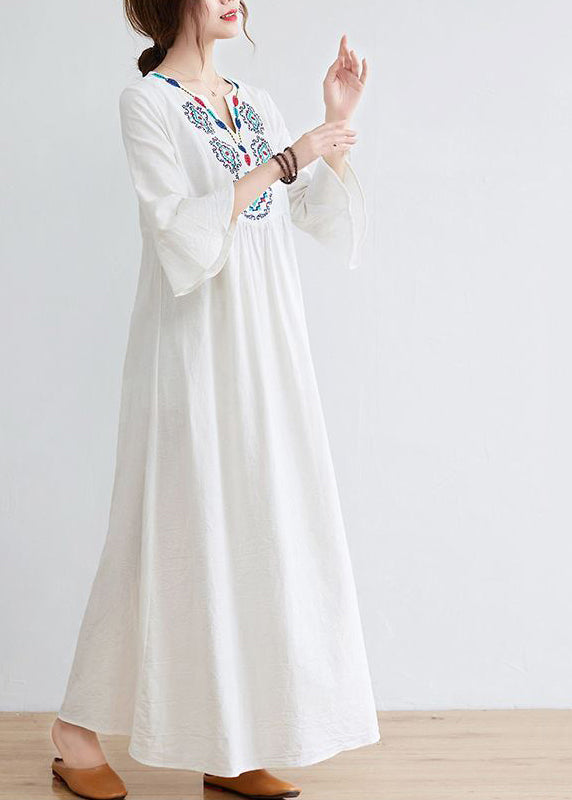 Boho White V Neck Embroideried Cotton A Line Dress Bracelet Sleeve