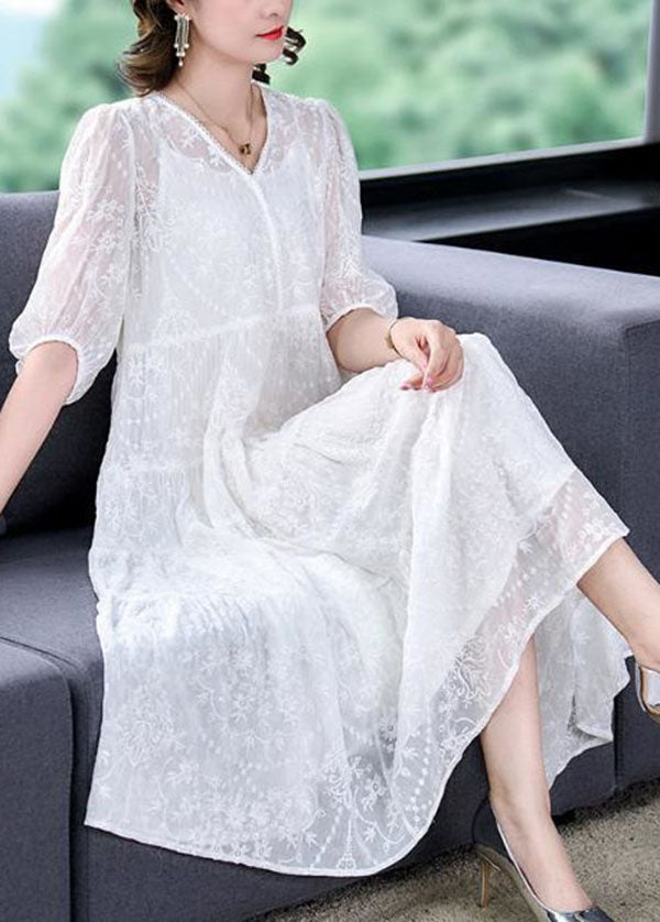 Boho White V Neck Embroideried Patchwork Silk Two Pieces Set Summer