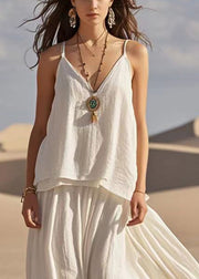 Boho White V Neck Patchwork Cotton Spaghetti Strap Dress Summer