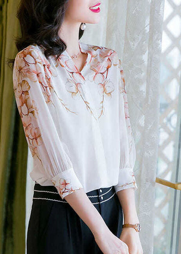 Boho White V Neck Print Patchwork Silk Shirt Top Summer