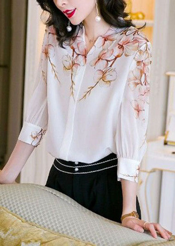 Boho White V Neck Print Patchwork Silk Shirt Top Summer