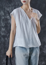 Boho White V Neck Wrinkled Linen Tops Summer