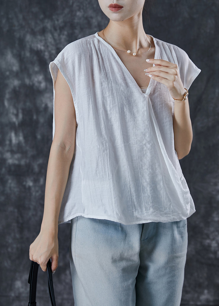 Boho White V Neck Wrinkled Linen Tops Summer