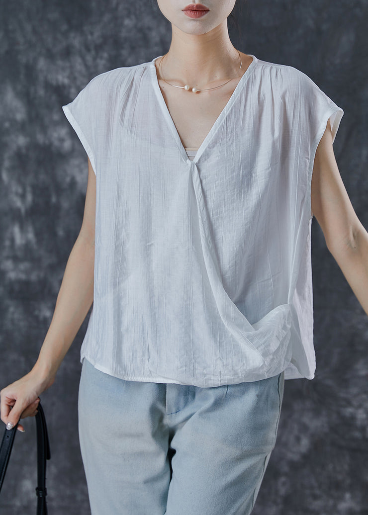 Boho White V Neck Wrinkled Linen Tops Summer