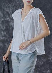 Boho White V Neck Wrinkled Linen Tops Summer