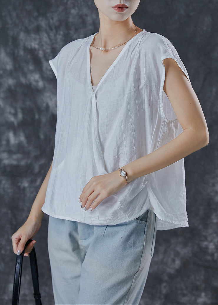 Boho White V Neck Wrinkled Linen Tops Summer