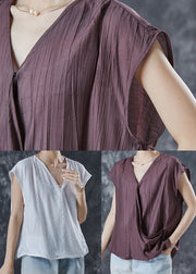 Boho White V Neck Wrinkled Linen Tops Summer