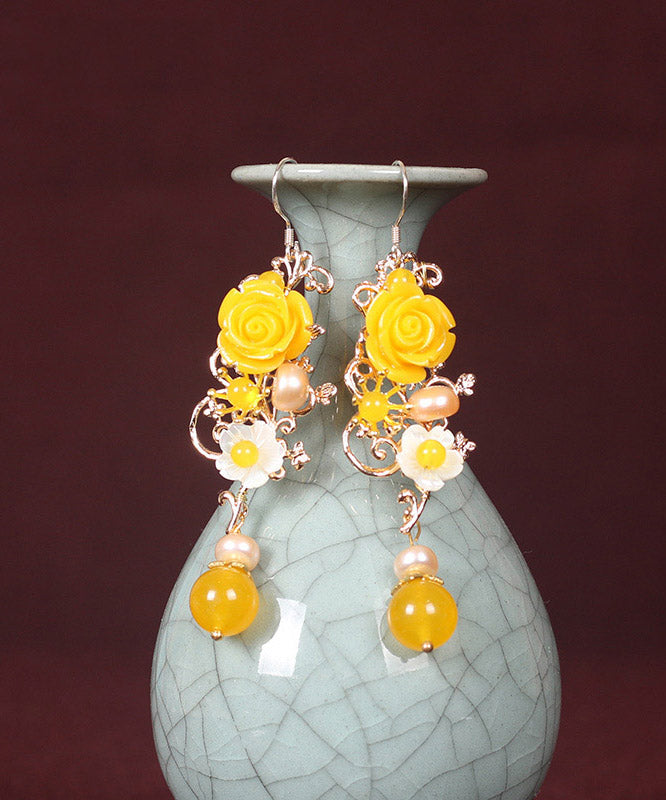 Boho Yellow Crystal Chalcedony Floral Drop Earrings