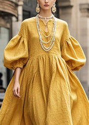 Boho Yellow Exra Large Hem Cotton Maxi Dresses Lantern Sleeve