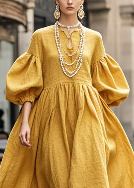 Boho Yellow Exra Large Hem Cotton Maxi Dresses Lantern Sleeve