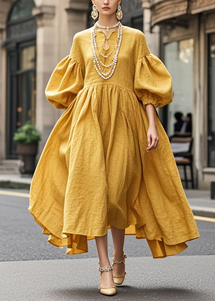 Boho Yellow Exra Large Hem Cotton Maxi Dresses Lantern Sleeve