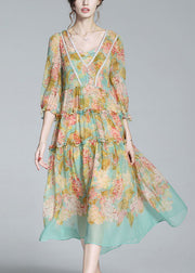 Boho Yellow Green V Neck Print Patchwork Ruffled Maxi Dresses Summer