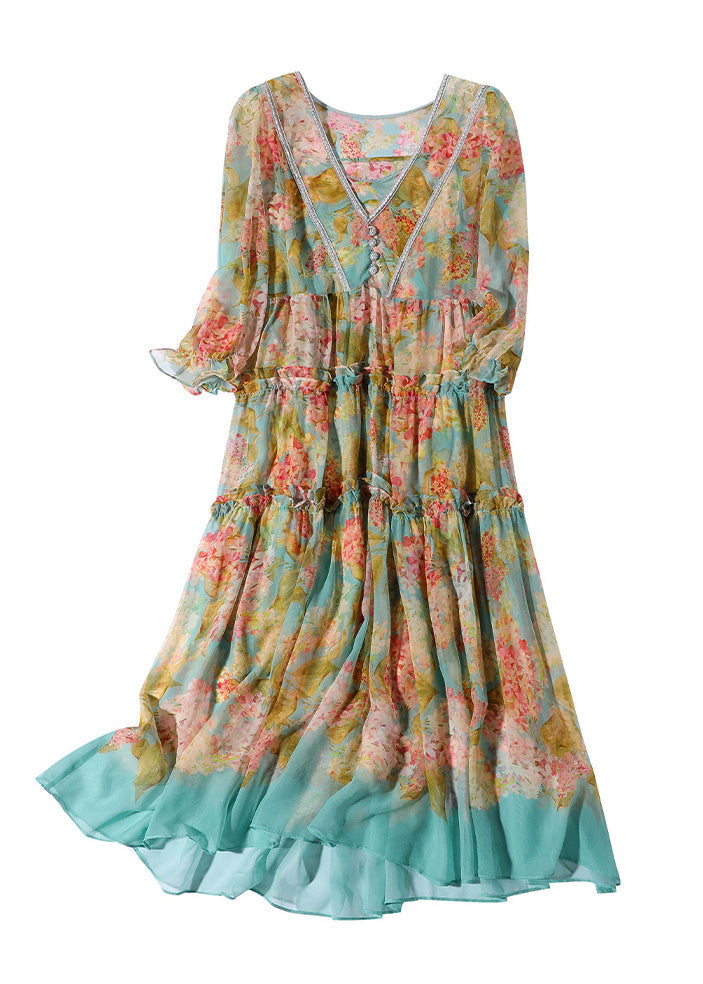 Boho Yellow Green V Neck Print Patchwork Ruffled Maxi Dresses Summer