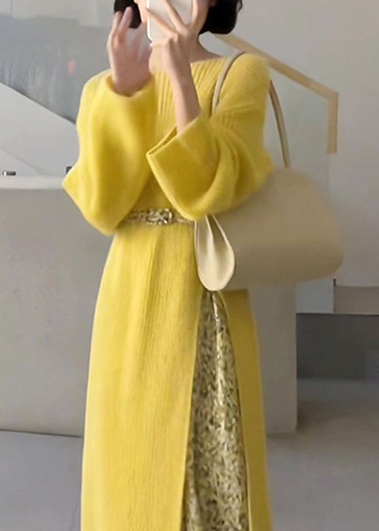 Boho Yellow O-Neck Knit Sweaters Dresses And Skirts Two Piece Set Fall