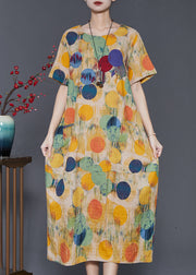 Boho Yellow O-Neck Print Cotton Long Dresses Summer
