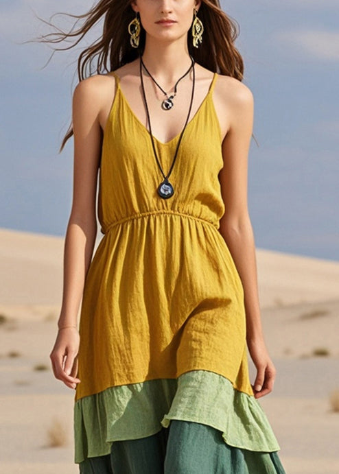 Boho Yellow Patchwork Cotton Cami Dresses Summer