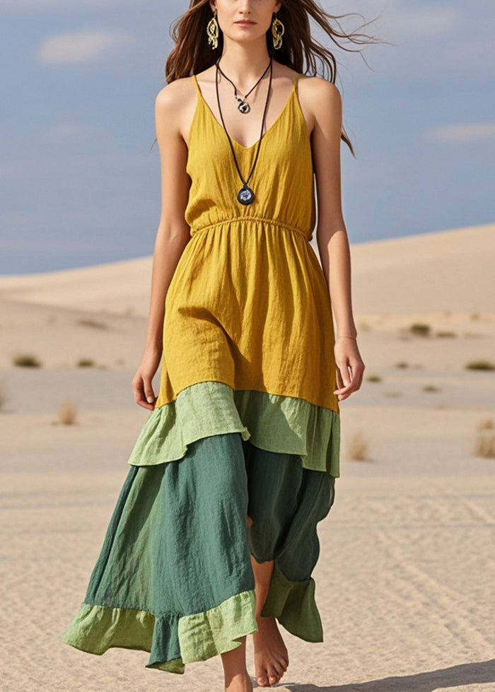 Boho Yellow Patchwork Cotton Cami Dresses Summer