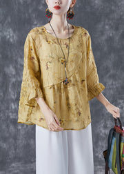 Boho Yellow Patchwork Print Linen Blouse Tops Bracelet Sleeve